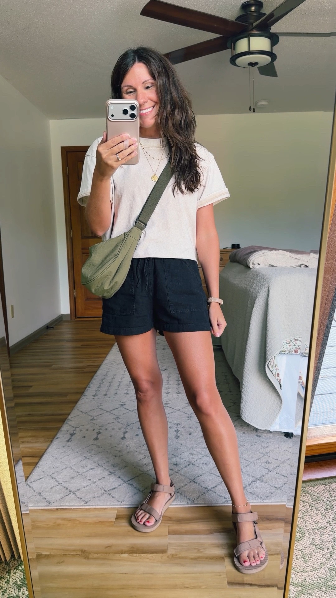 small in my tee (apricot color), xxs in my black linen shorts (mine are 5-6 years old, linked this year’s version and I also linked similar ones in case you prefer non-tie shorts!) and 6 in my teva sandals. 

My bag is older so I linked similar ones!

#LTKPetite #LTKgrwm #LTKootd