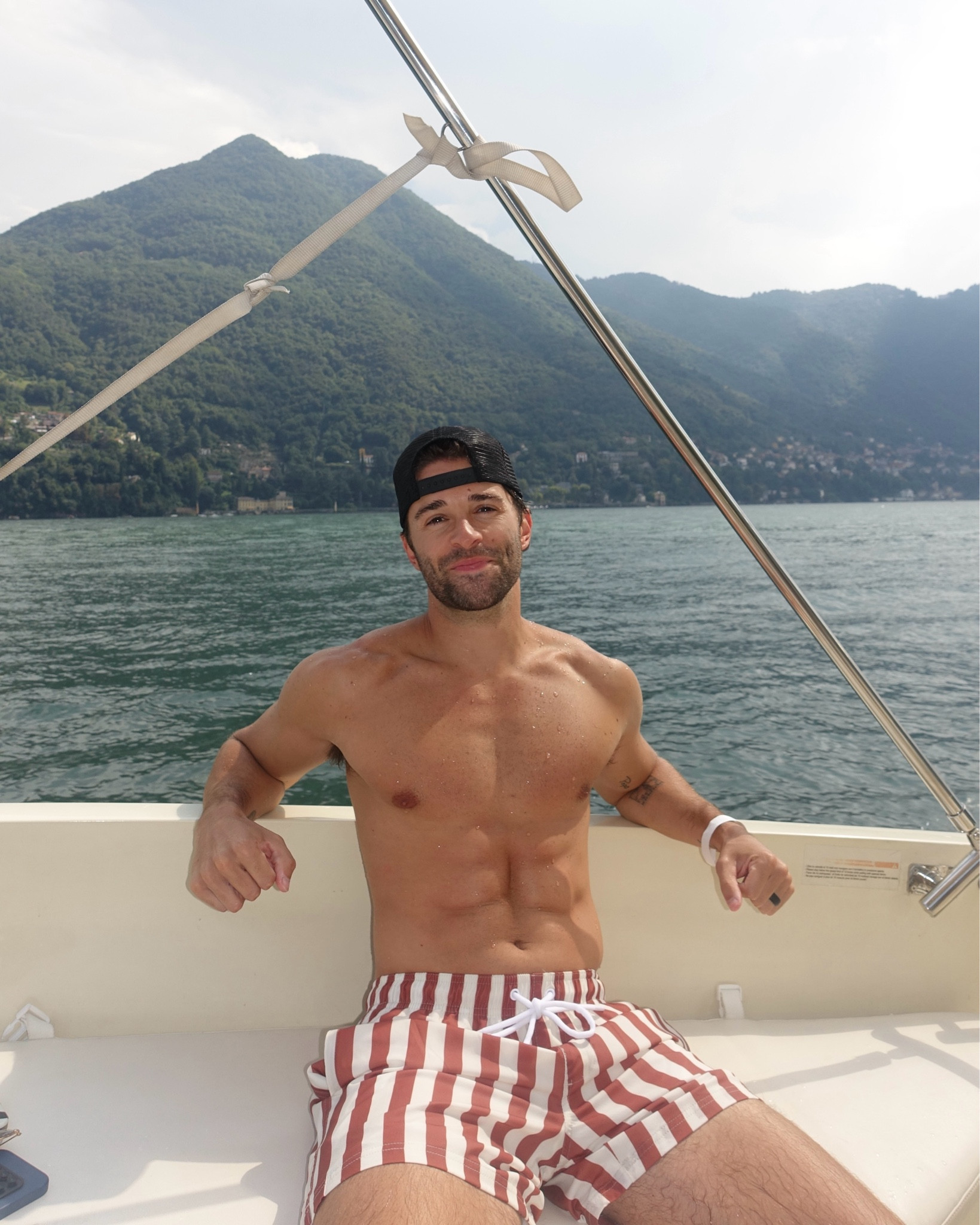 White and rust striped bathing suit 