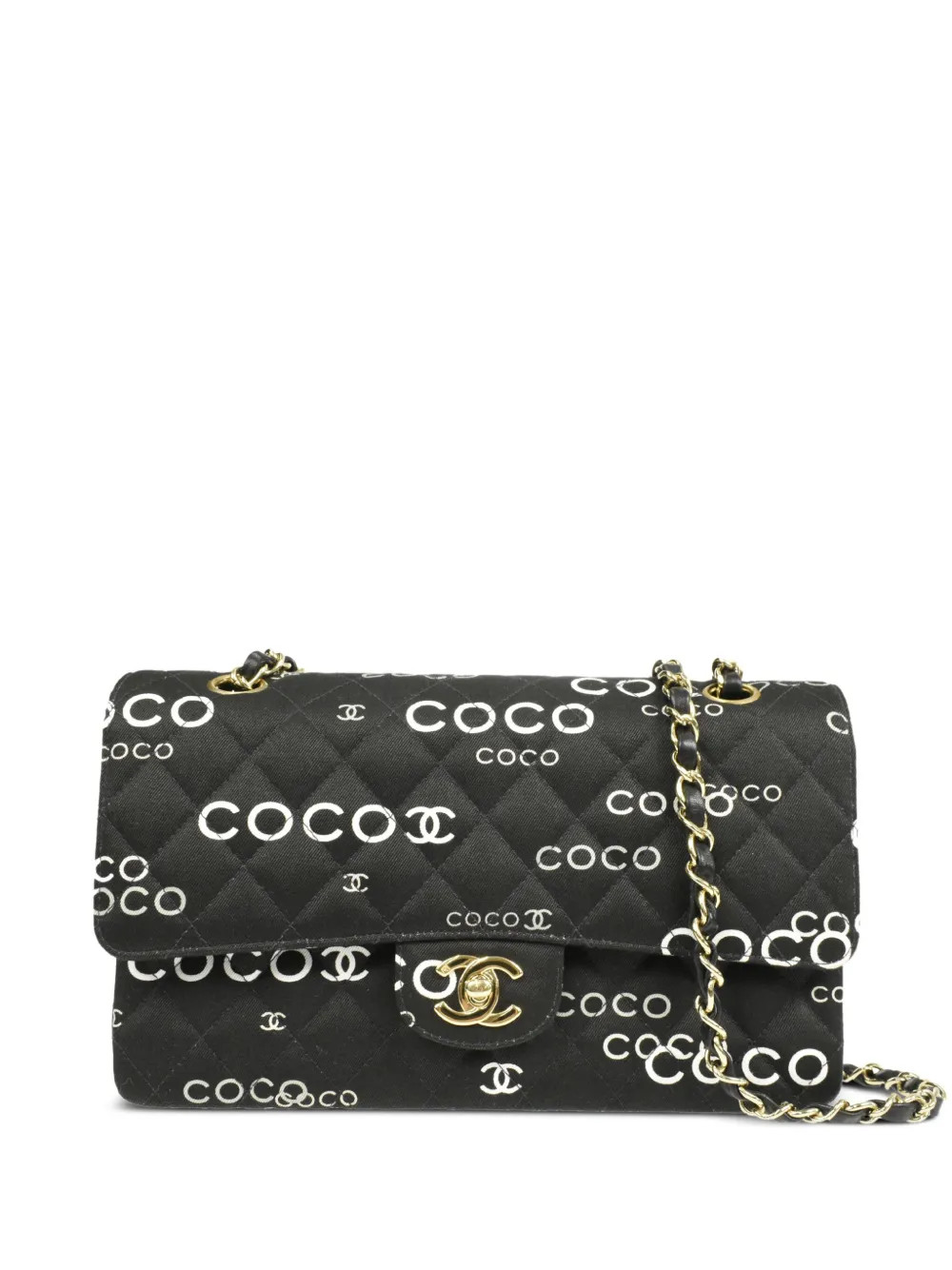 CHANEL Pre-Owned 2002 Coco-Print Double Flap Shoulder Bag | Black | FARFETCH | Farfetch Global