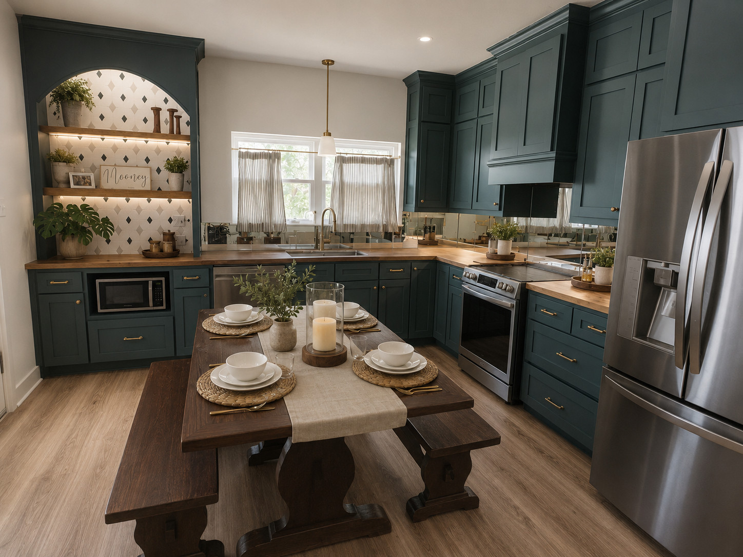 Farmtable instead of a kitchen island? This is giving old school and Im obsessed! I love the thought of peeling potatoes at the table while others are sipping on their drink sorting through bills. 
It has such a traditional homey feel.

#kitchen
#interiordesign
#homedesign 

 #LTKdayinmylife #LTKstorytime #LTKHome