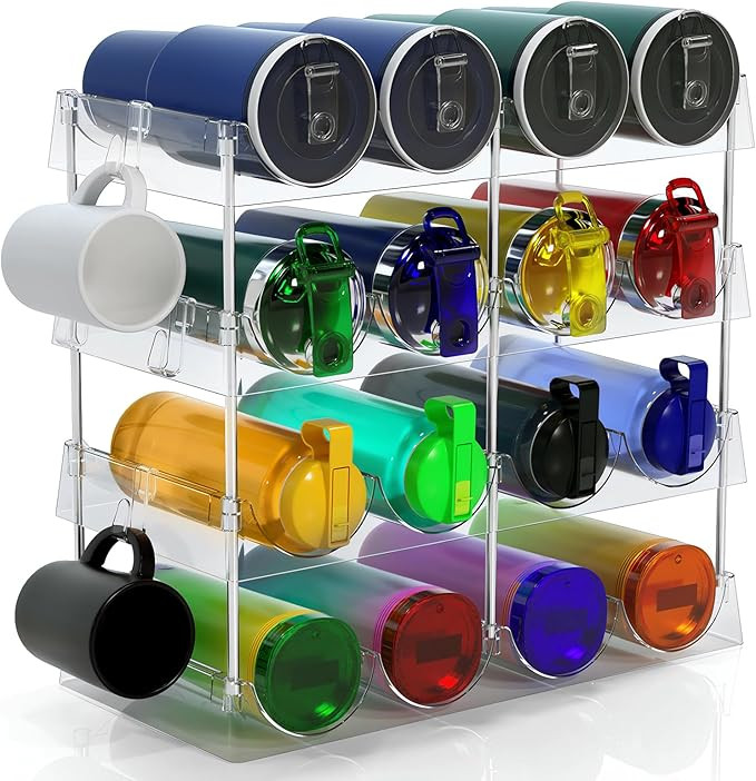 Large Water Bottle Organizer for Cabinet w 8 Hooks - Stackable Clear Bottle Storage Organizer, Ac... | Amazon (US)