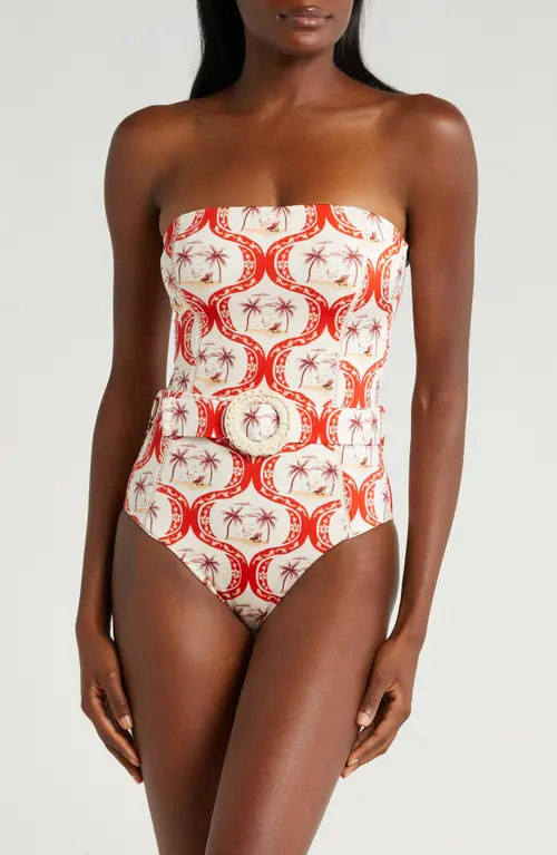 FARM Rio Summer Beach Belted Strapless One-Piece Swimsuit in Summer Beach Off-White at Nordstrom, Size Large | Nordstrom