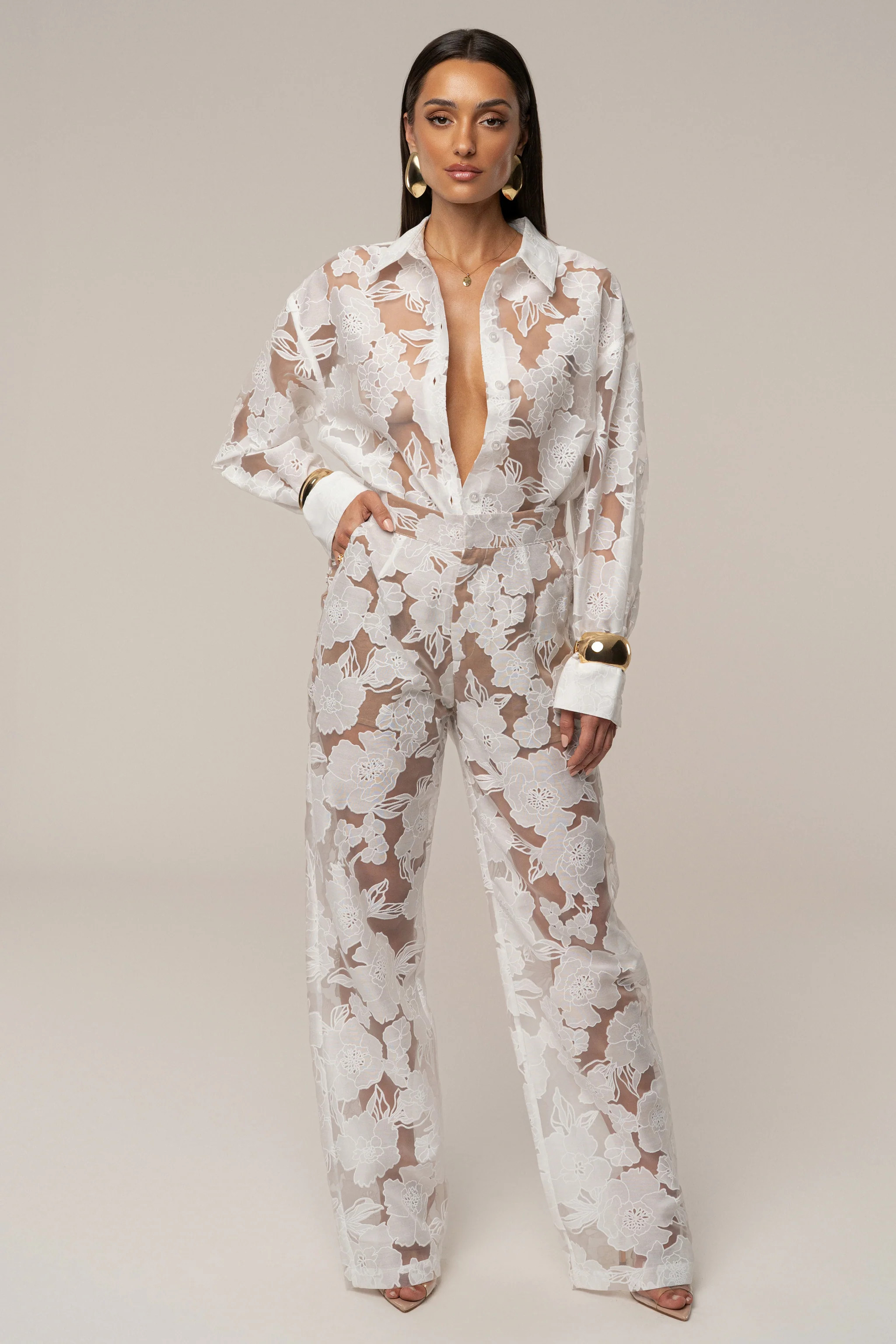 Ivory Organza Floral Pant | JLUXLABEL US