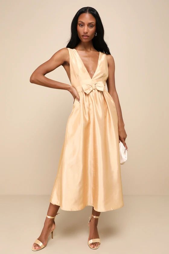 Elegant Destiny Gold Sleeveless Bow Midi Dress | Lulus
