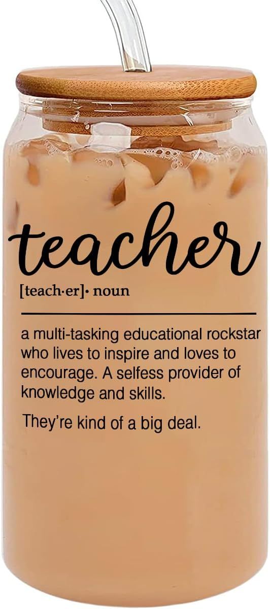 Teacher Definition Glass Can with Bamboo Lids and Glass Straw -Back To School Gifts, Birthday, Te... | Amazon (US)