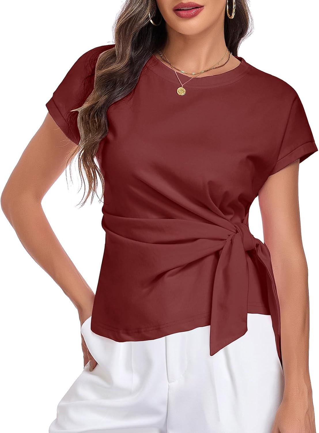 HOTIAN Womens Cap Sleeve T Shirts 2026 Tie Waist Wrap Tops Crew Neck Blouses Dressy Casual Loose Work Business Dressy | Amazon (US)