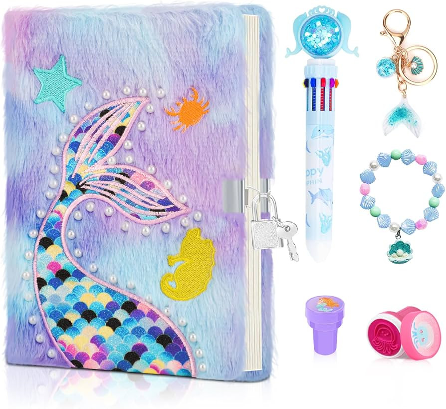 Mermaid Diary for Girls with Lock and Keys,Tie-Dye Fuzzy Journal for Kids with 160 Lined Pages,Fl... | Amazon (US)