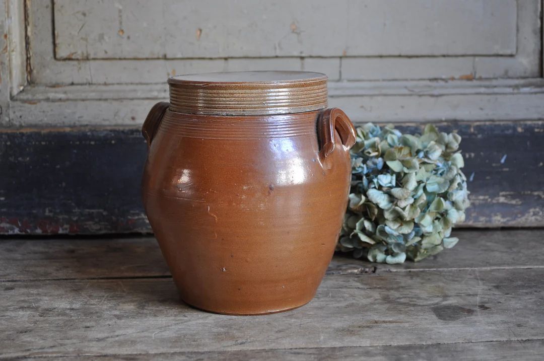 Brown Glazed Stoneware covered pot / Vintage Sandstone Jar | Etsy (US)