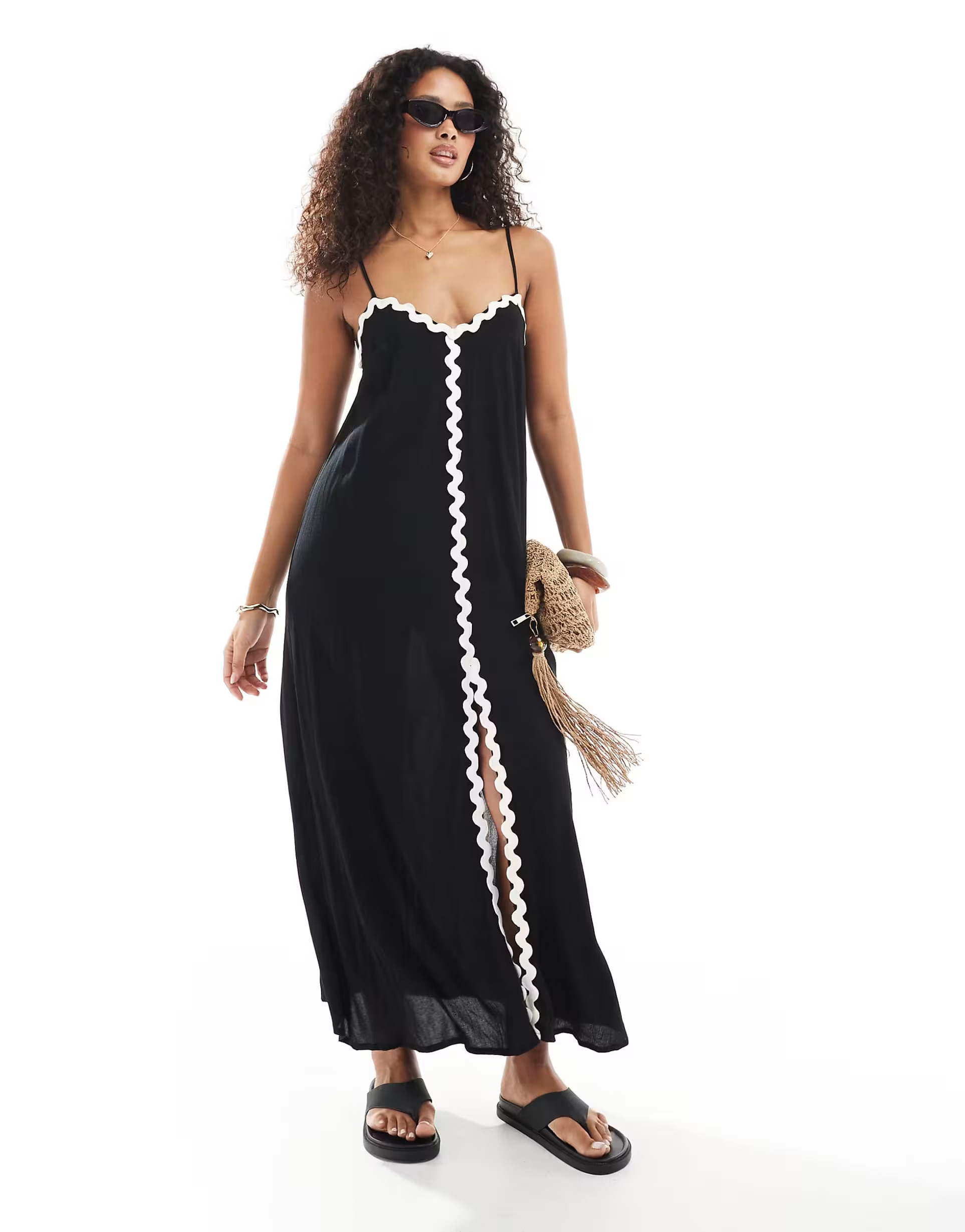 New Look ric rac front split maxi dress in black | ASOS (Global)
