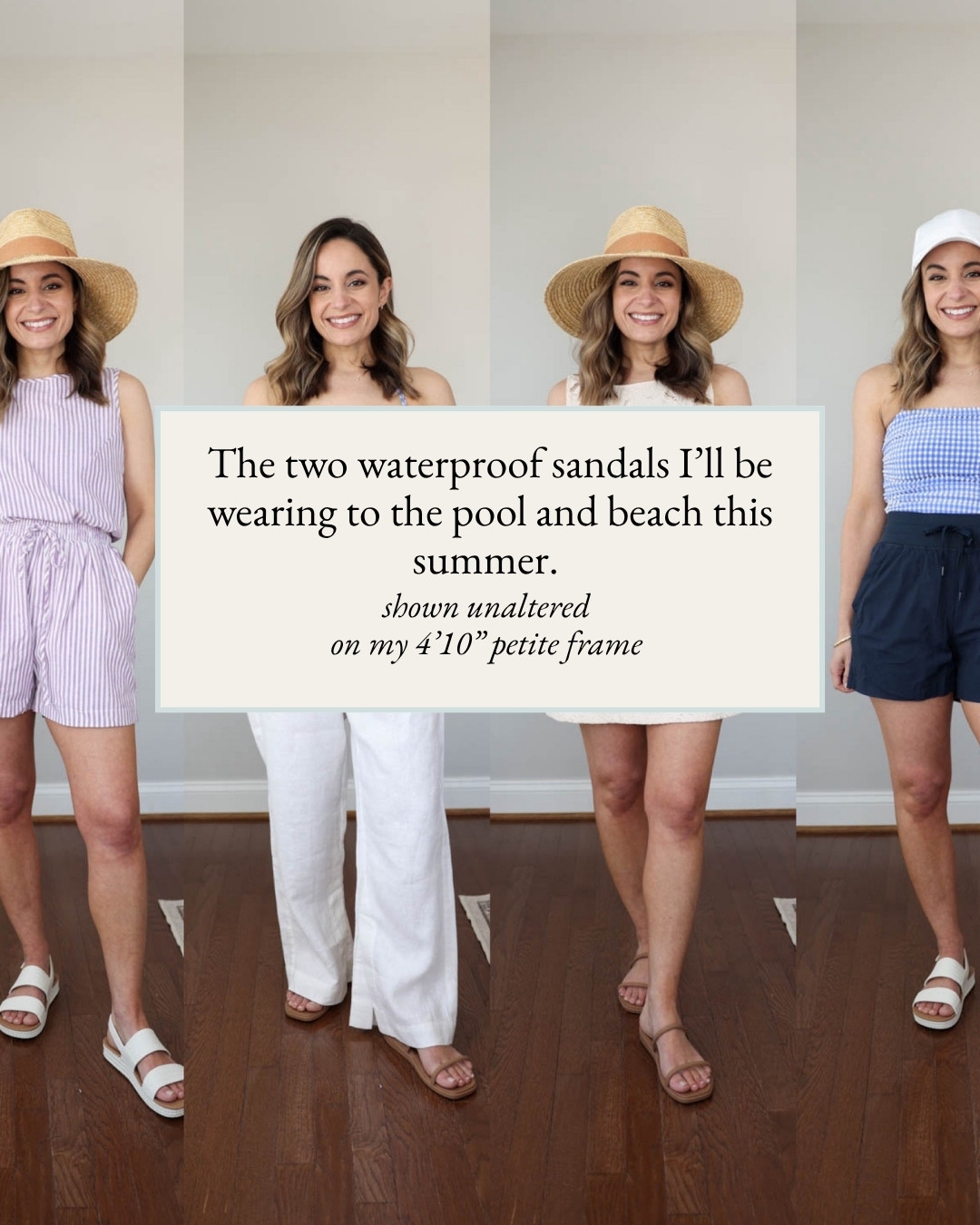 The two waterproof sandals I'll be wearing to the pool and beach this summer! 

Reef Water Vista: true to size
Crocs Miami Two Strap: true to size
Matching set (Amazon): XS | runs large | shorts are fully lined
Swimsuit (J.Crew Factory): XXS
Navy Shorts (Amazon): XS
White Hat (Athleta)
Linen Pants (Athleta): Petite XXS | 28" inseam 
Crochet Coverup (Target): XS
Straw Hat (Brixton): Small

My sizing for reference: I'm 4'10" and weigh 105lbs. My measurements are 32", 24", 36". I have a 25" ankle inseam and typically wear petite xxs/00/24. 

 #LTKPetite