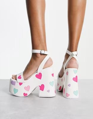 Daisy Street platform heeled sandals in white with heart print | ASOS (Global)