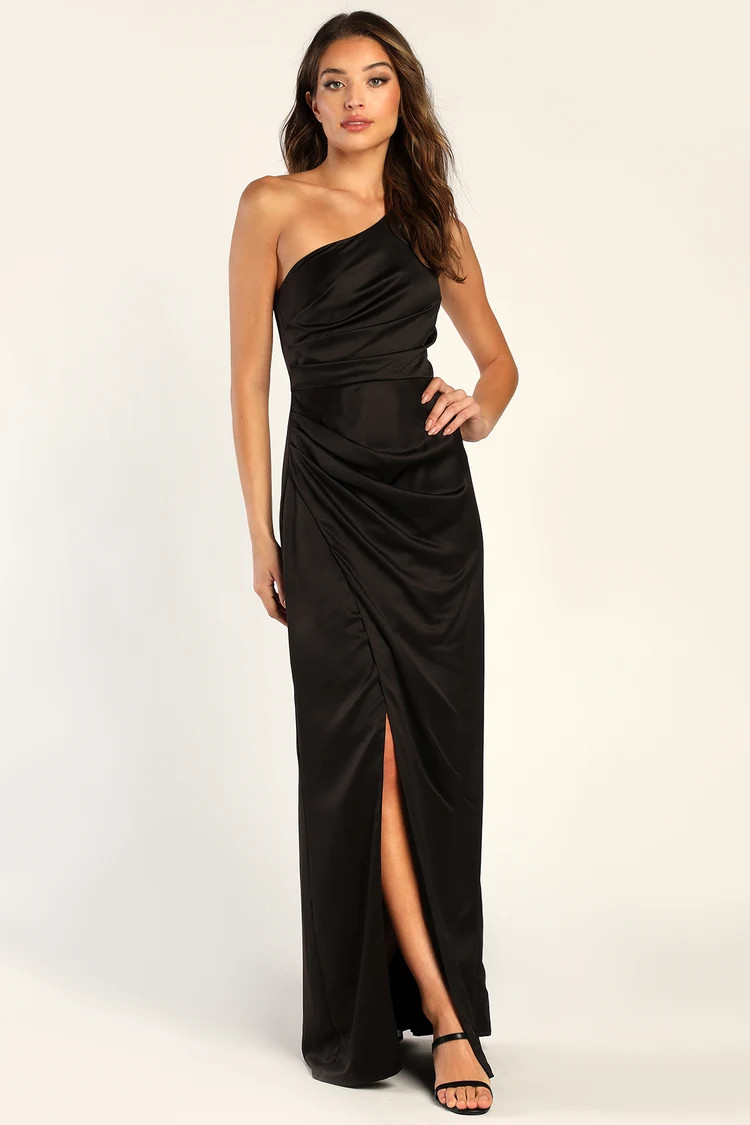 Dreaming of Elegance Black Satin One-Shoulder Maxi Dress | Lulus