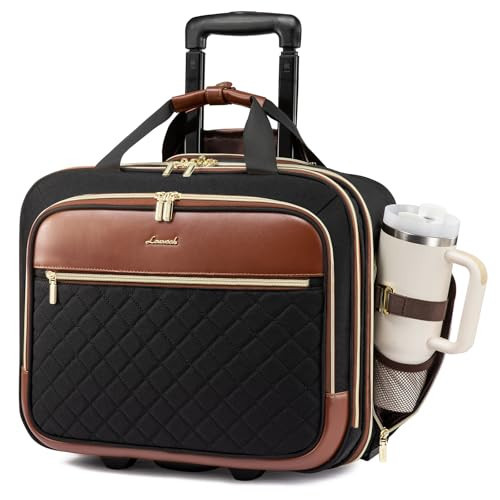 LOVEVOOK Rolling Laptop Bag Women, 17.3 Inch Laptop Briefcase with Wheels, Soft Sided Underseat Carry On Luggage Personal Item Suitcase for Work Travel Business, Black Brown | Amazon (US)