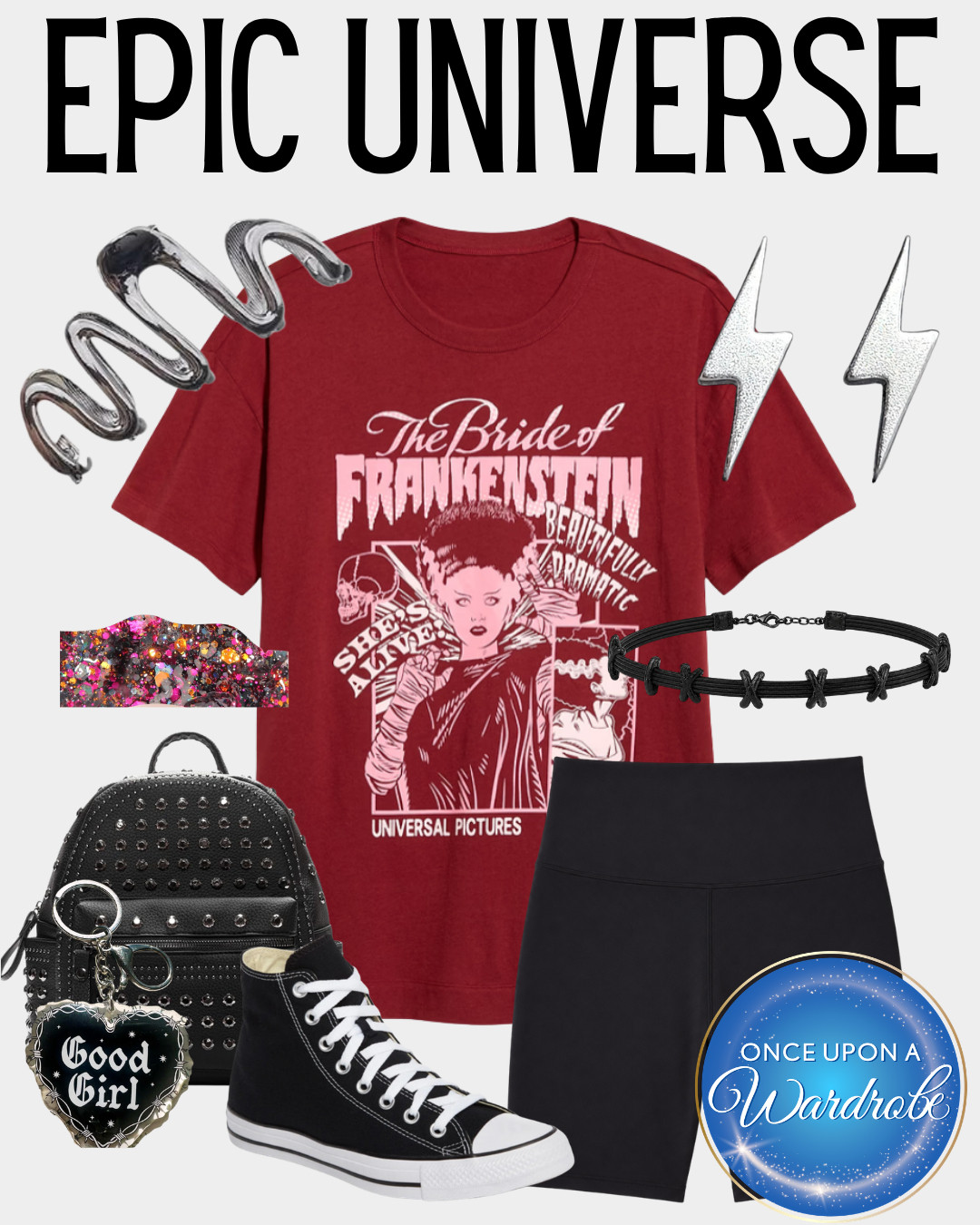 A Bride of Frankenstein outfit for Epic Universe featuring a red graphic tee, black biker shorts, high-top sneakers, lightning bolt earrings, a black choker, and a studded mini backpack. This casual Dark Universe outfit for women is easy to wear for a full Universal Orlando park day while still giving a strong Bride of Frankenstein look. Shop the outfit pieces below! 

 #LTKootd #LTKTravel