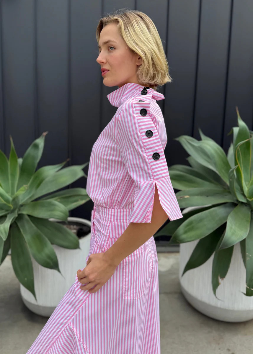 Kya Striped Button Blouse - Pink Short Sleeve | Benaar La