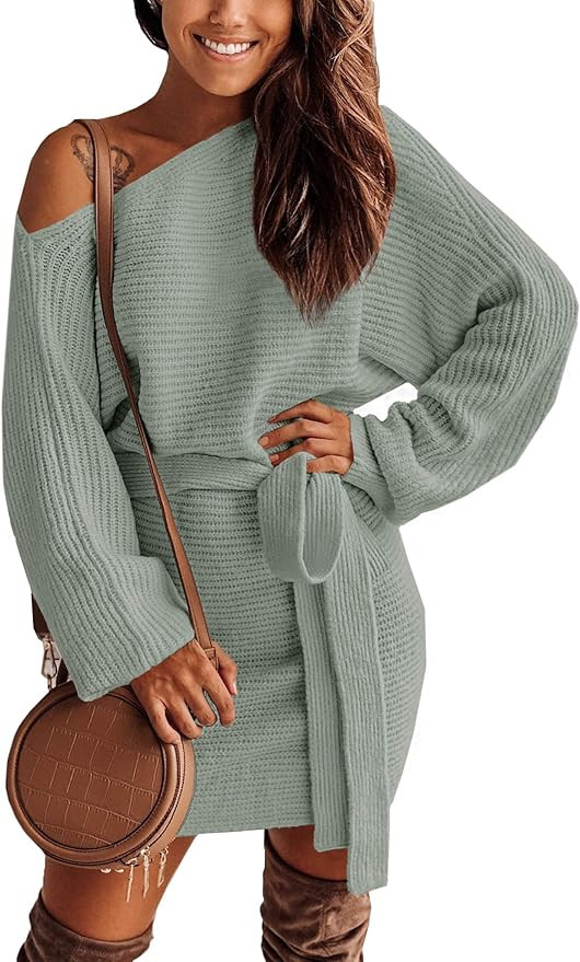 Clarisbelle Womens Winter One Shoulder Batwing Sleeve Belted Sweater Dress | Amazon (US)