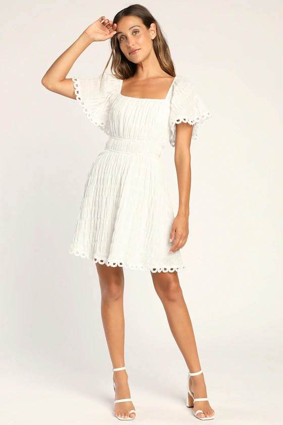 Cute in Cancun White Smocked Short Sleeve Lace-Up Mini Dress | Lulus (US)