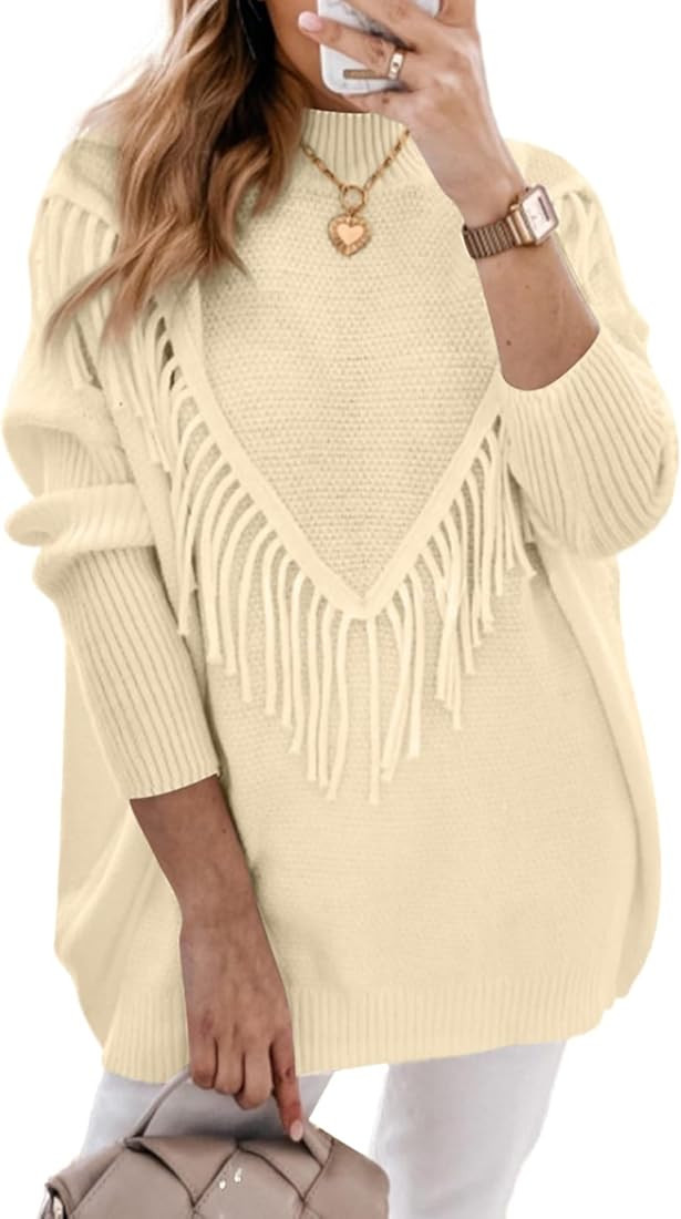 Dokotoo Women's Oversized Sweater Knit Crew Neck Tassel Tops Long Sleeves Casual Pullovers | Amazon (US)