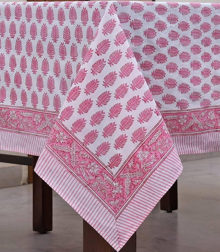 Ridhi - Taffy Pink Leaves Hand Block Print Cotton Cloth Dinning Table Cover Wedding Farmhouse Tha... | Amazon (US)
