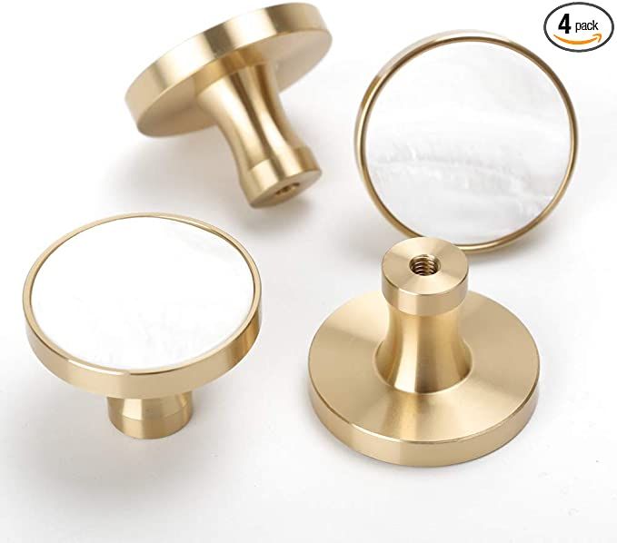 RZDEAL 4Pcs 1-1/4"(32mm) Solid Brass Kitchen Cabinets Knobs White Shell Decorated Brushed Gold Wa... | Amazon (US)
