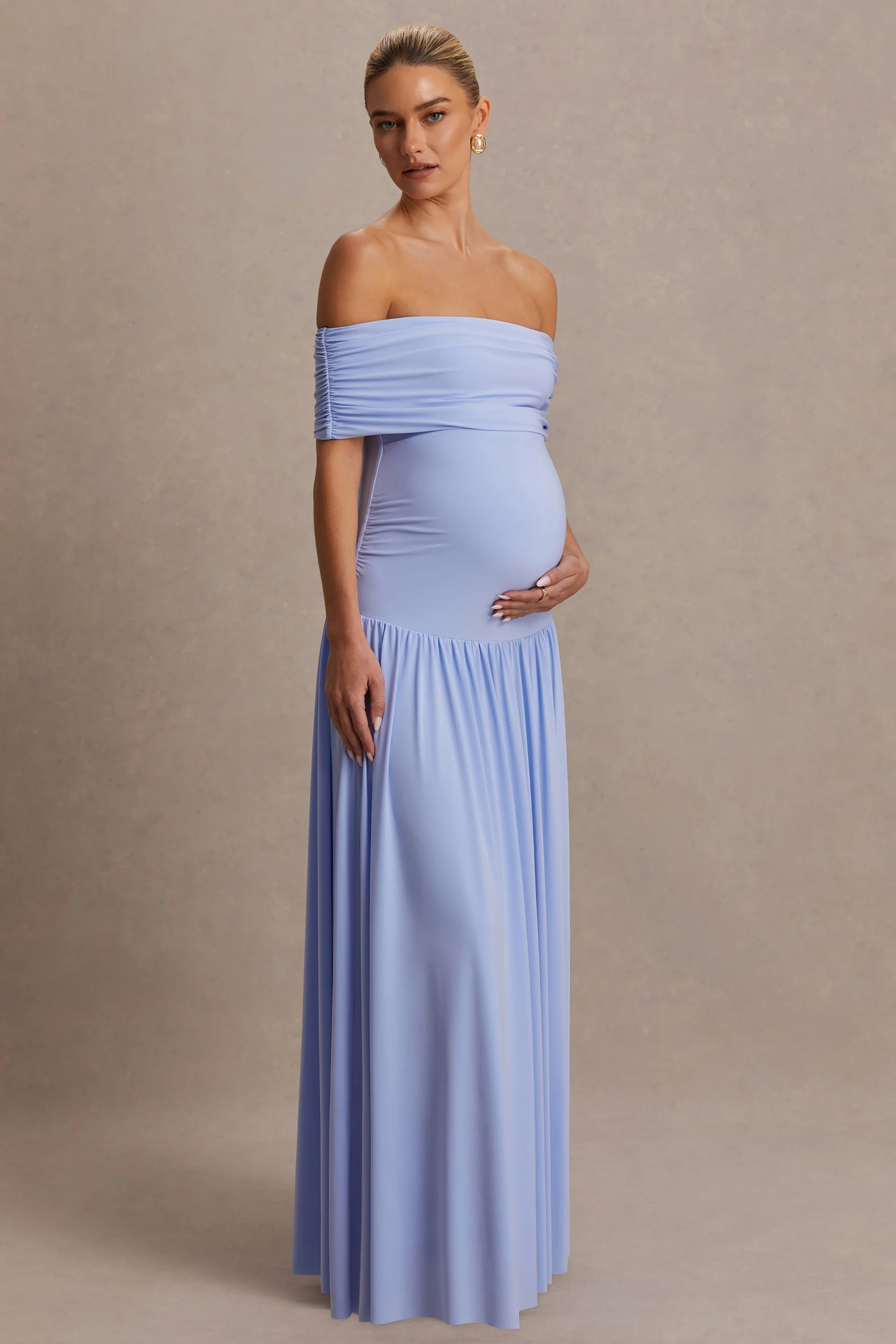 Juliette | Powder Blue Bardot-Neck Maternity Maxi Dress With Drop-Waist | Club L London