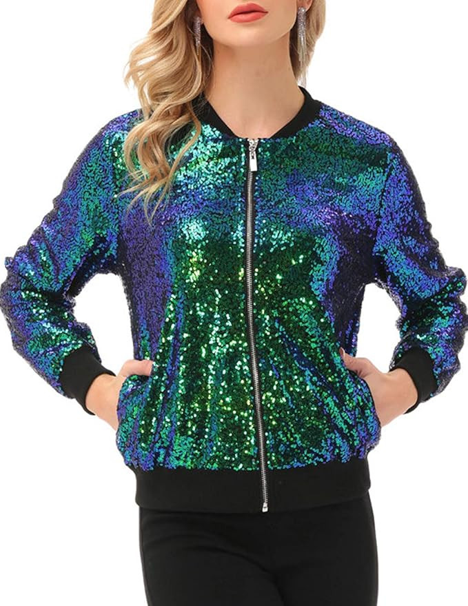 KANCY KOLE Womens Sequin Jacket Casual Long Sleeve Front Zip Party Bomber Blazer with Pockets S-2... | Amazon (US)