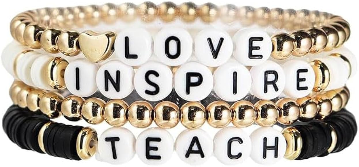 Handmade Teacher Appreciation Stackable Bracelets Colorful Solf Clay Love Teach Inspire Letter Be... | Amazon (US)