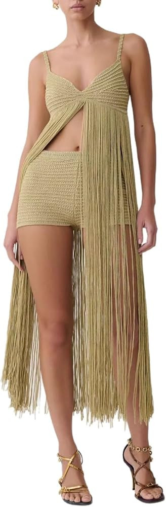 EOSIEDUR Women Crochet Fringe 2 Piece Outfit Sleeveless V Neck Knit Cami Top with High Waist Shorts Set Boho Beach Sets | Amazon (US)
