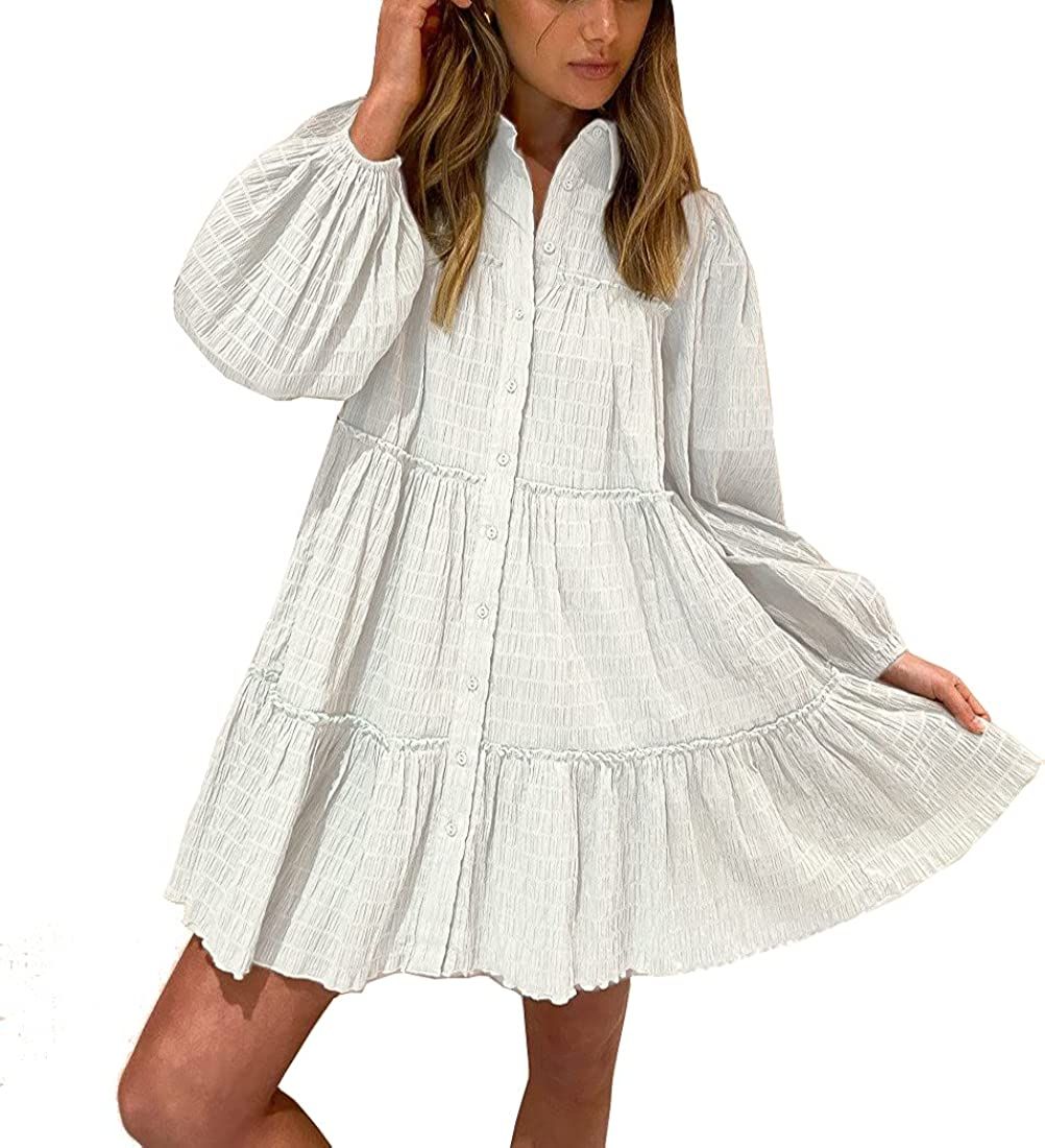 Aox Women Ruffle Sleeve Tunic Midi Dress Flowy Shift Sundress Sweet Babydoll Button Down Swing Skirt | Amazon (US)