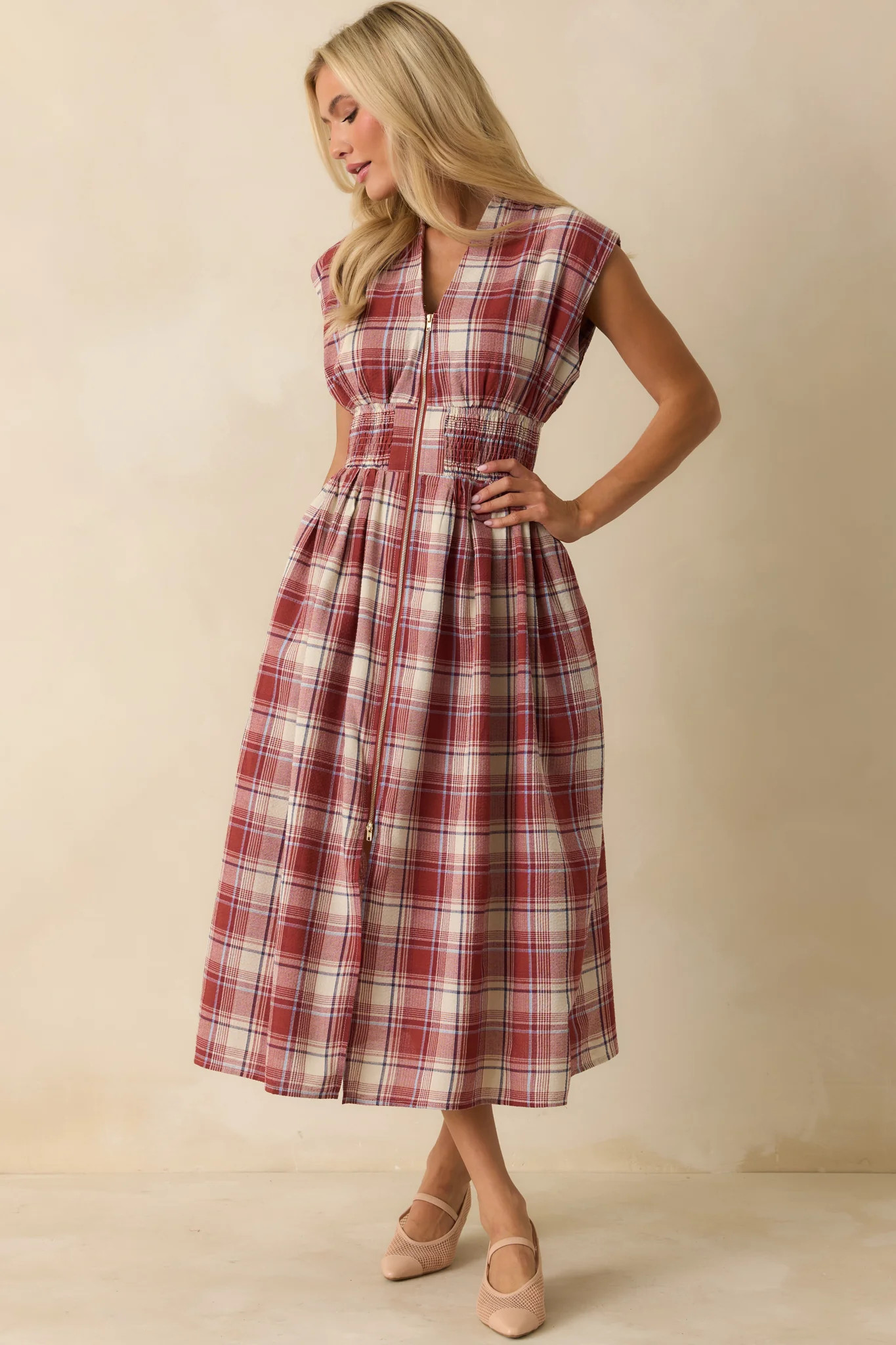 The Evette Red Tartan Plaid Cotton Zip Front Midi Dress | Red Dress