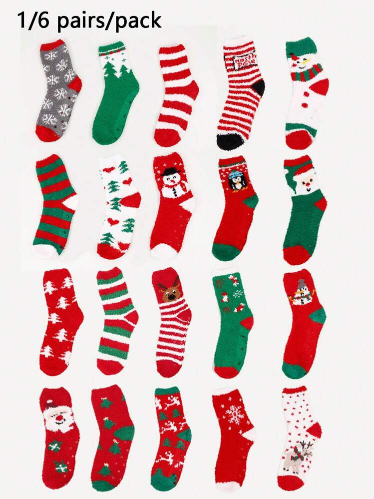 6pairs Women's Thicken Fleece Warm Non-Slip Grip Socks, Fashionable Christmas Snowman & Christmas... | SHEIN