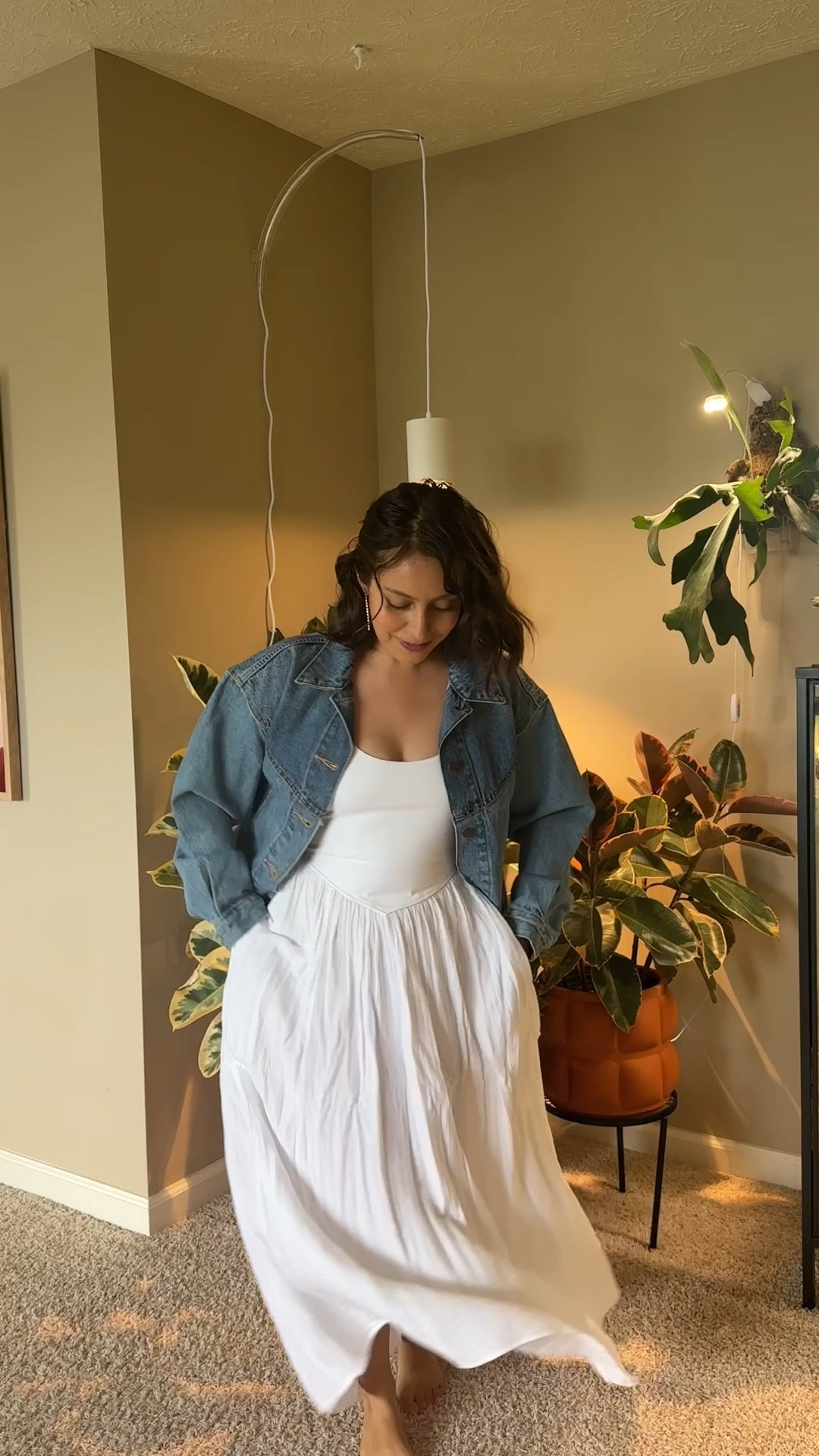 Midi white dress but perfect for petite girls and it’ll fit us like a maxi dress. Denim jacket is from Levi’s. I can’t find it on the site. Both in a size small. 

#LTKFindsUnder100 #LTKStyleTip