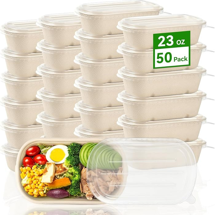 50 Pack 23 oz Disposable Meal Prep Containers, Sugarcane Fiber Paper Salad Bowls with Lids Take O... | Amazon (US)