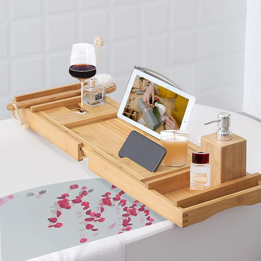 Bamboo Bathtub Tray - Expandable Bath Tub Tray Bathtub Caddy Tray - Adjustable Organizer Tray for Ba | Amazon (US)
