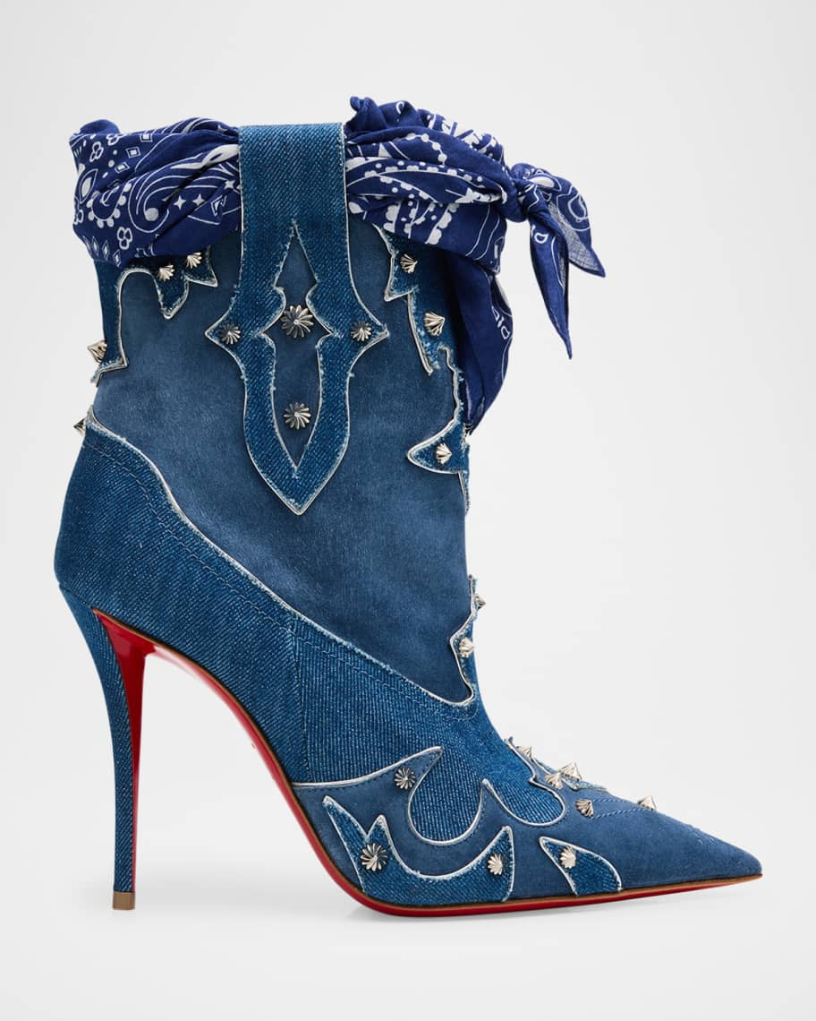 Christian Louboutin Bootyiag Denim and Suede Bandana Red-Sole Western Booties | Neiman Marcus