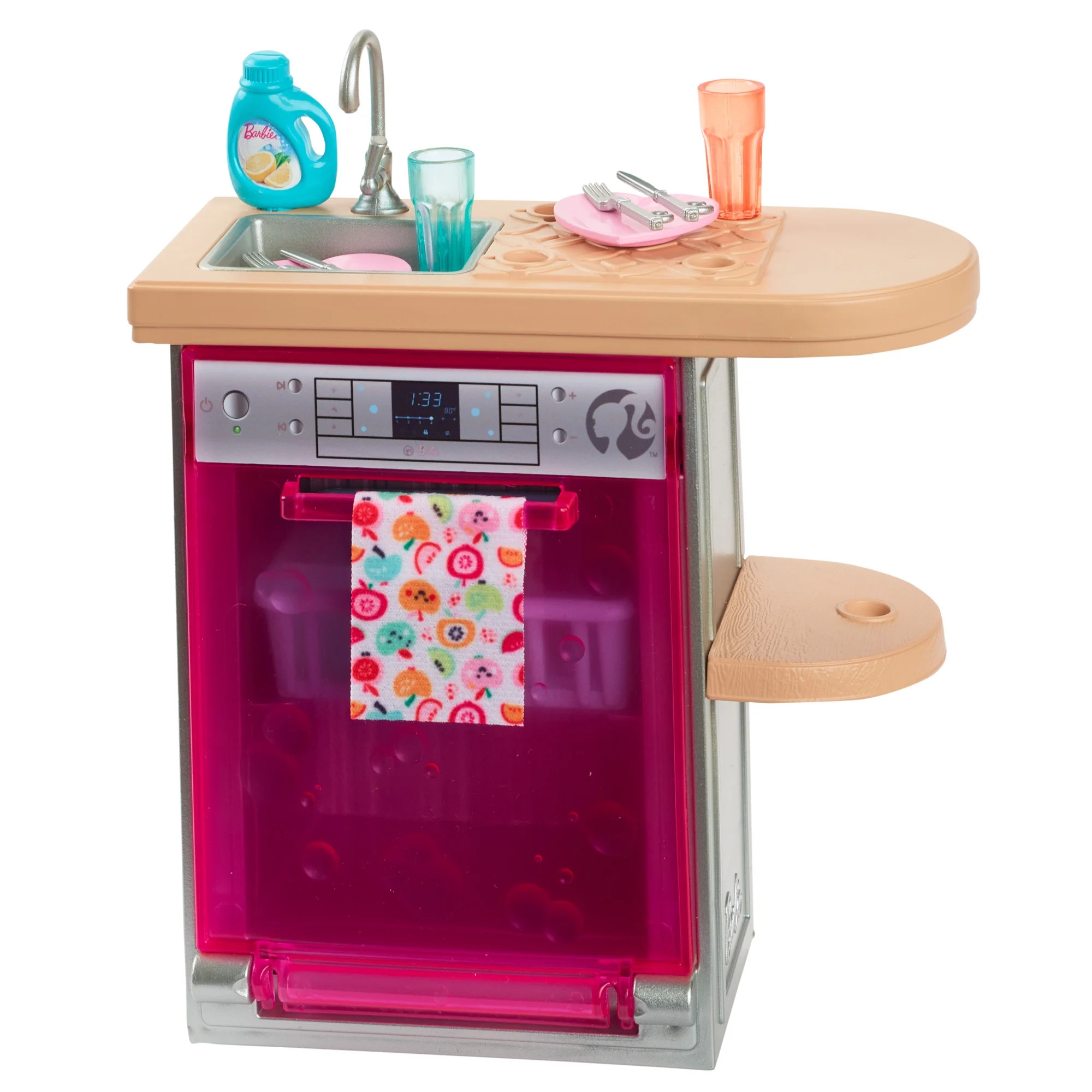 Barbie World Toy Dishwasher Set with 9 Dollhouse Kitchen Accessories Including Plates, Drying Rac... | Walmart (US)