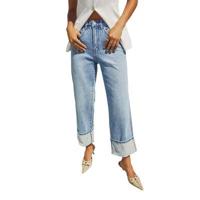 Clearlove Women's Stretch Straight Leg Jeans High Waist Vintage Roll-Cuff Denim Pants with Comfort Fit Light Blue XXL | Target