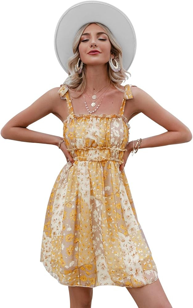 Women’s Summer V Neck Floral Print Mini Dress Ruffle Layer Backless Skater Swing Dress | Amazon (US)