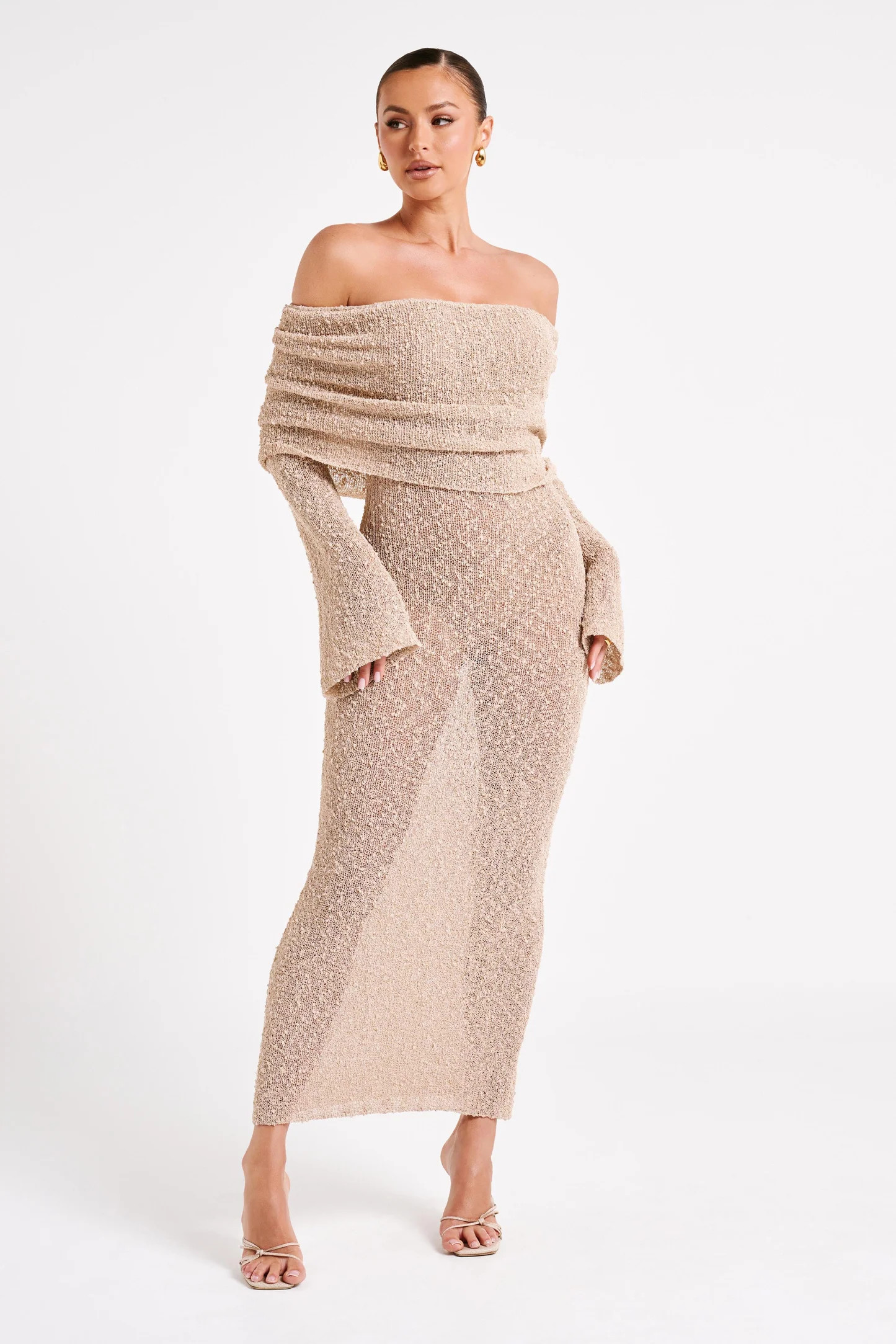 Marisol Off Shoulder Boucle Maxi Dress - Wheat | MESHKI US