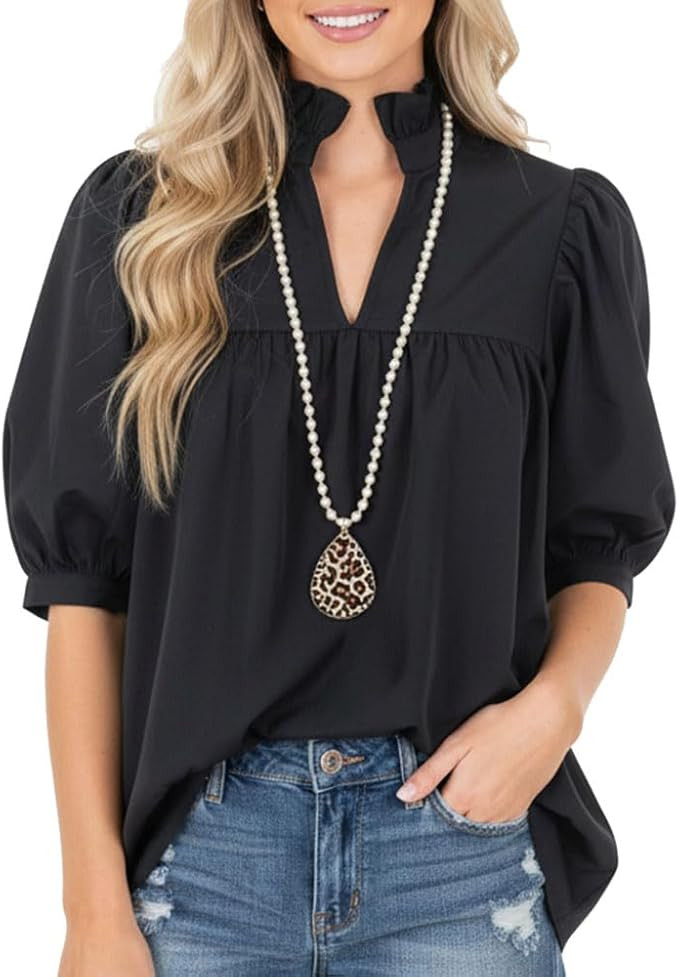 Women's Ruffled Mock Neck Blouse Half Puff Sleeve V-Cut Casual Top Loose-Fit Split Hem Shirt | Amazon (US)