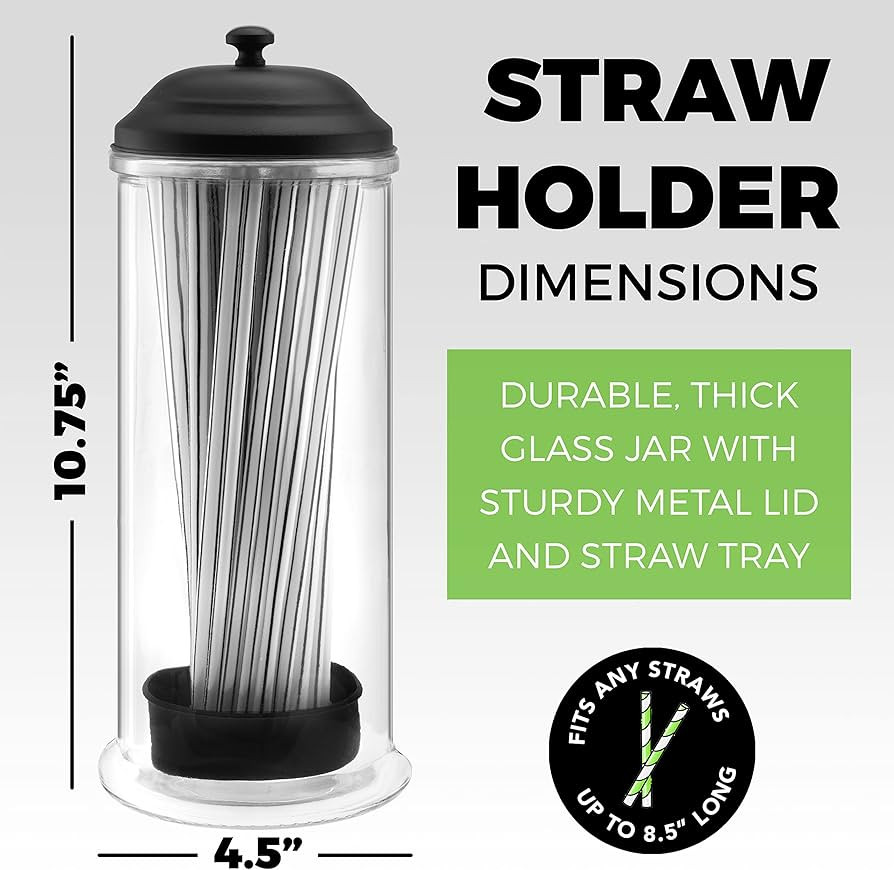 Straw Dispenser with Stainless Steel Lid | Glass Straw Holder for Counter with Lid | Drinking Str... | Amazon (US)