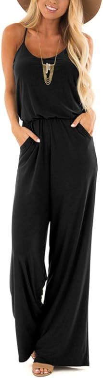 Womens Casual Loose Sleeveless Spaghetti Strap Wide Leg Pants Jumpsuit Rompers | Amazon (US)