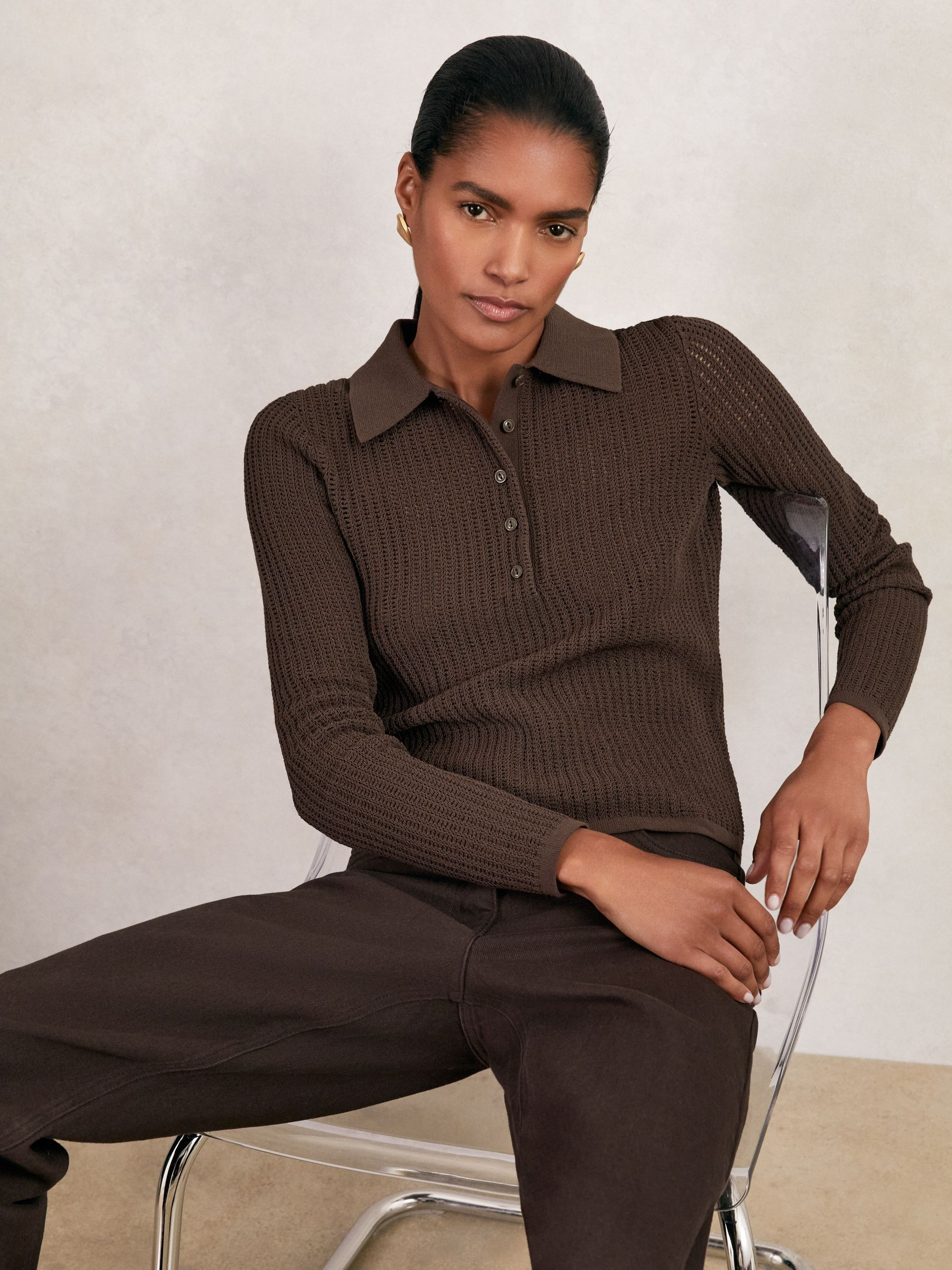 Open-Knit Long-Sleeve Polo Top in Chocolate Brown | Reiss UK