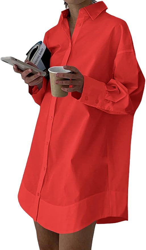 LYANER Women's Casual Shirt Dress Collar V Neck Button Down Loose Long Sleeve Mini Dresses | Amazon (US)