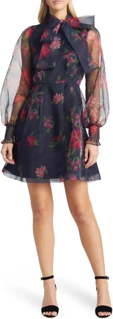 Rachel Parcell Floral Tie Neck Long Sleeve Satin Dress | Nordstrom | Nordstrom