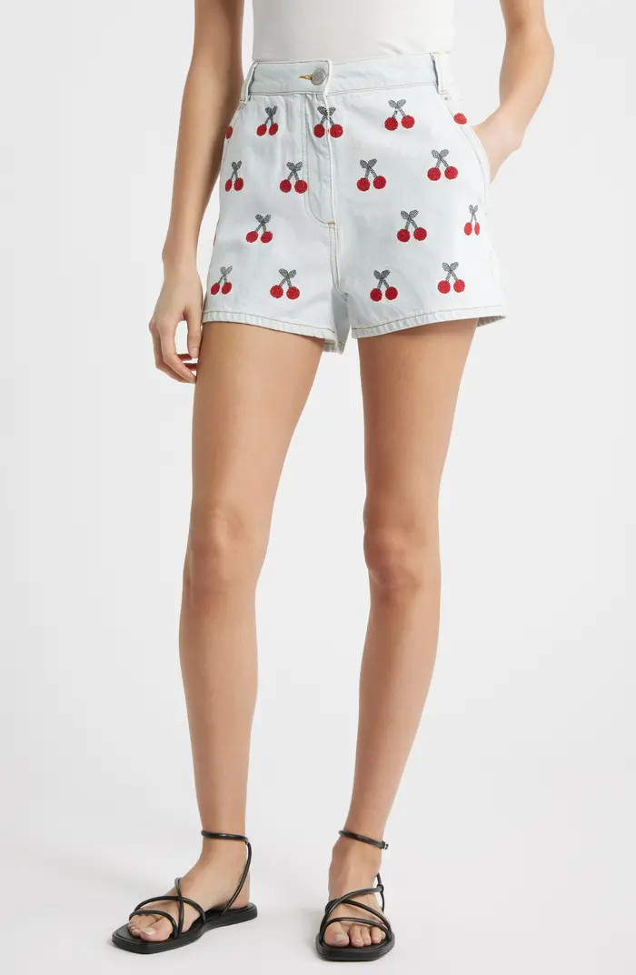 Cherry Embroidered High Waist Denim Shorts | Nordstrom
