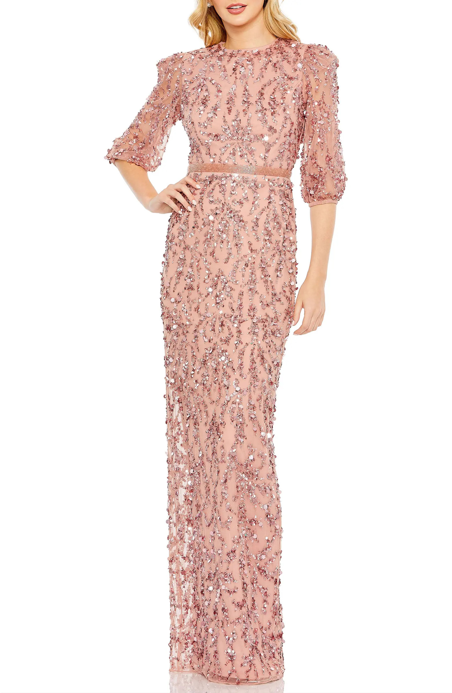 Sequined Elbow Sleeve Gown | Nordstrom