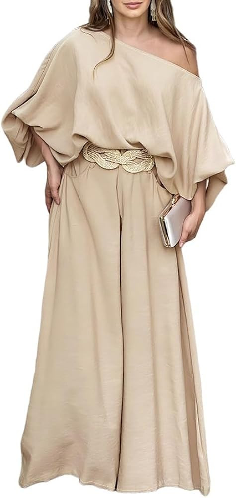 CHICME Women Summer 2 Piece Outfits Off Shoulder Lantern Sleeve Top Flowy Wide Leg Pants Set | Amazon (US)