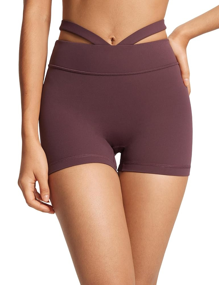 Womens Biker Shorts 4 Inches High Waisted No Front Seam Hollow Belt Running Workout Yoga Shorts | Amazon (US)