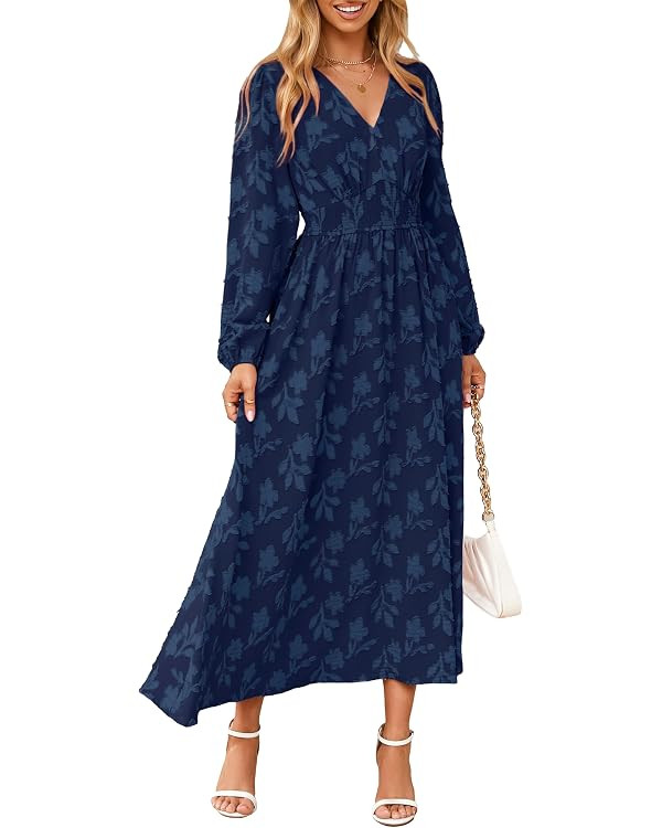 Womens Boho Floral Long Sleeve Maxi Dress V Neck Empire Waist Fall Wedding Guest Dresses with Poc... | Amazon (US)